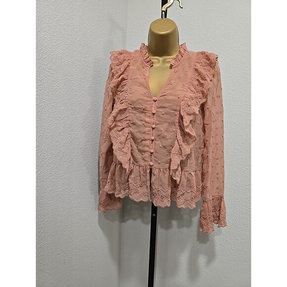Romantic Sheer Ruffle Blouse Womens Sz S Mauve Eyelet Swiss Dot Victorian Dainty - Picture 7 of 7